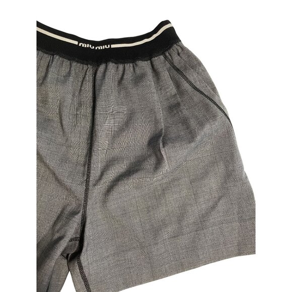 Miu Miu Gray Plaid Wool-Blend Elastic Waist Shorts For Women - Picture 4 of 14